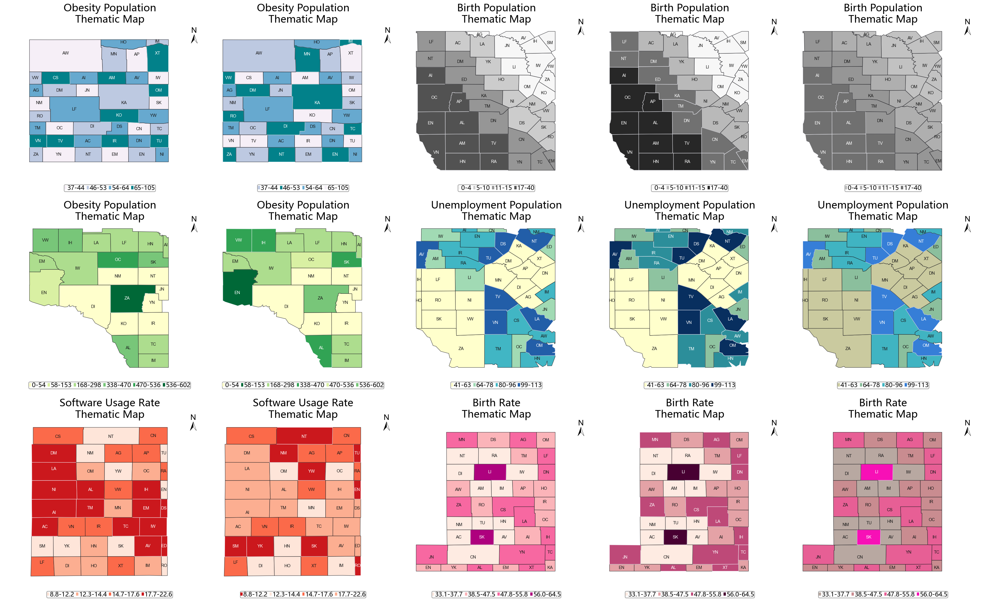 Examples of CHROMA choropleth maps under standard, randomized, high-contrast, and low-contrast conditions